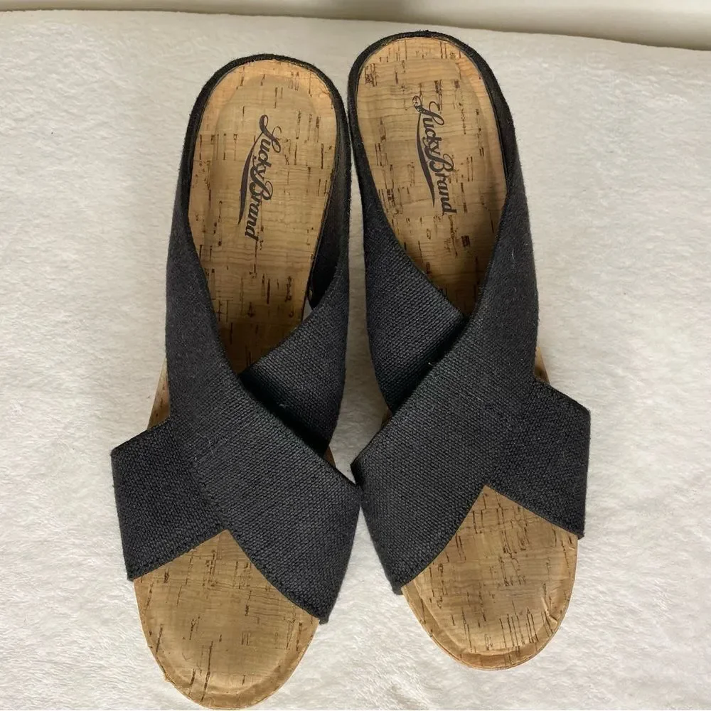 Lucky Brand Miller 2 Sandals Fabric Wedge Cork Heel Crisscross Black Size 9